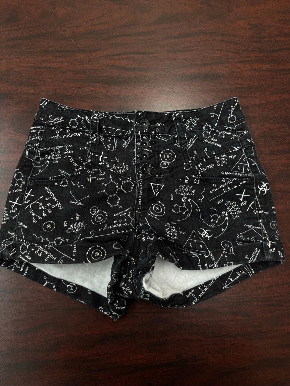 Black Heart Button Fly High Rise Shorts Size 3- Science Print